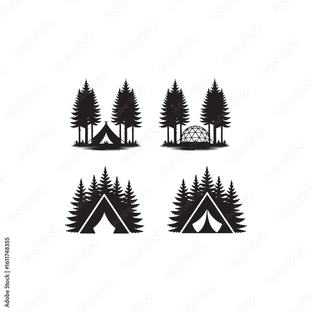 Obraz premium Four Camping Silhouette Designs in a Forest.This image features four distinct black and white silhouette designs of camping scenes.