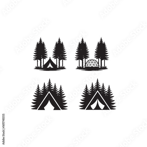 Four Camping Silhouette Designs in a Forest.This image features four distinct black and white silhouette designs of camping scenes.