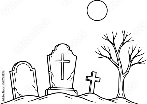 Spooky graveyard scene with tombstones and bare tree under a full moon