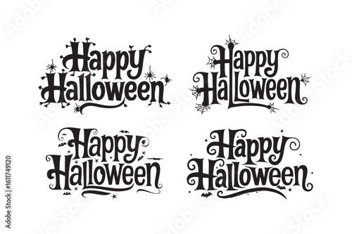 Four variations of happy halloween text in a decorative font