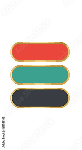 Three colorful rounded rectangles with gold trim in vertical alignment