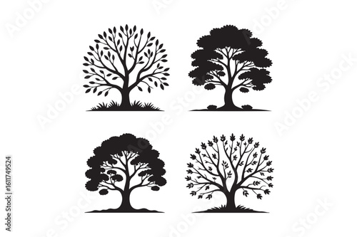 Four stylized black silhouette trees with detailed branches and foliage