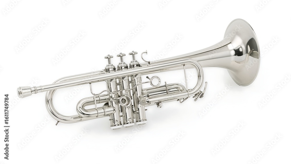 Obraz premium Shiny silver trumpet musical instrument isolated on white background studio shot