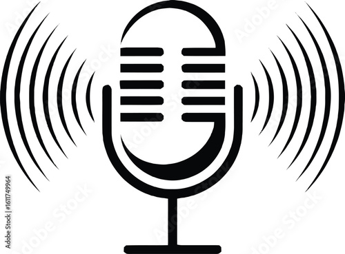 Classic microphone with sound waves illustrating audio transmission and broadcasting