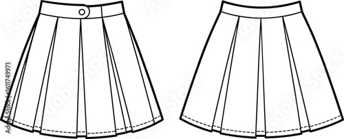 Pleated mini skirt with wrap belt and classic pleated mini skirt CAD drawing flat vector illustration, trendy women's  summer apparel template, modern skirt illustration