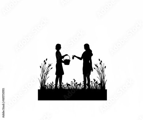 Silhouette of two friends exchanging homegrown vegetables