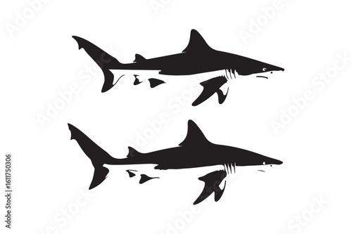 Two black silhouettes of sharks swimming side by side against a white background