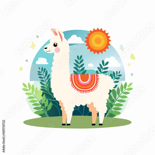 Charming cartoon llama illustration surrounded by lush greenery and a cheerful sun shining brightly