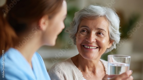 Smiling elderly woman enjoying water with caregiver at home