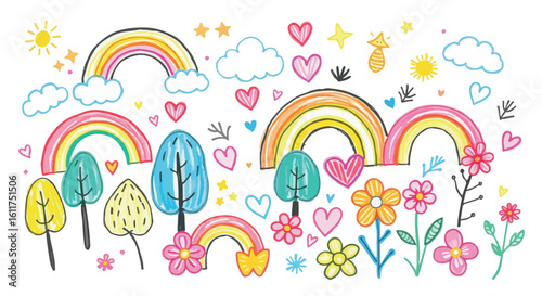A colorful vector illustration of rainbows, trees, and flowers perfect for children’s books, wallpapers, and educational prints
