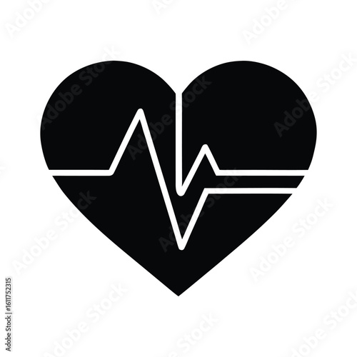 Black heart shape with white electrocardiogram line inside heartbeat