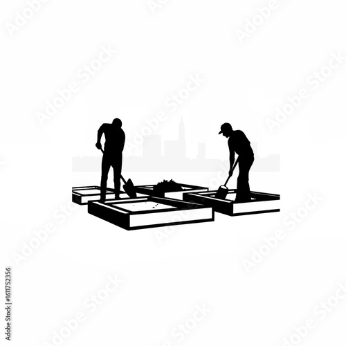 Silhouette of two people installing garden beds on a flat roof