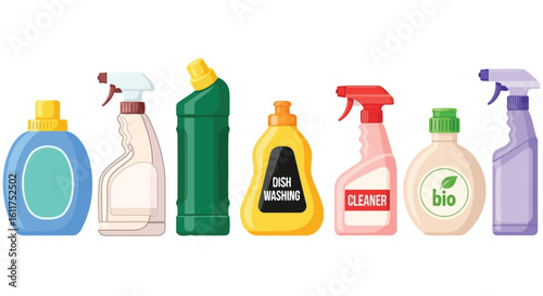 Cleaning products bottles vector illustration for household supplies concept