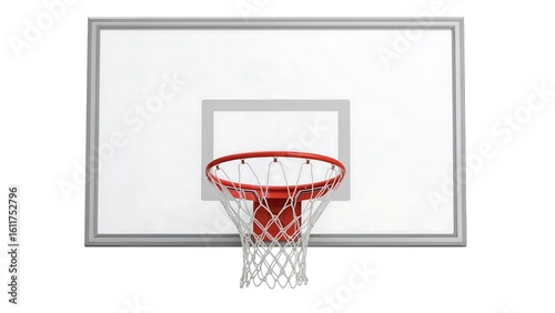 A clean white basketball backboard with a red rim and net against a white background