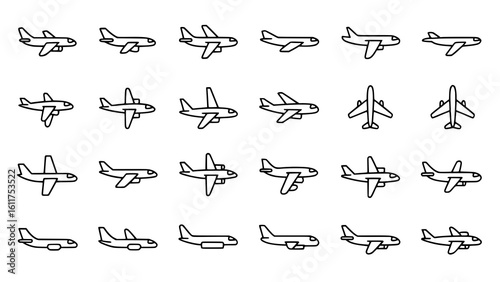Airplane Icons: A simple line art illustration set depicting various airplane views, showcasing design variations in a monochrome style.