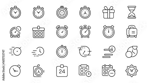 A grid of various black and white outline icons representing time, clocks, alarms, calendars, and related concepts