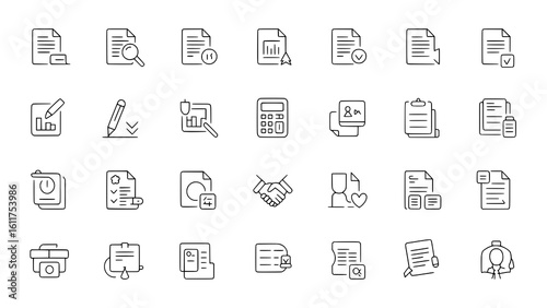 Document Icons: A minimalist line art illustration depicts a collection of diverse document icons, representing various office tasks and workflows.