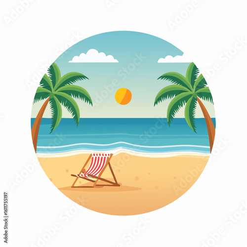 Serene tropical beach scene with palm trees and a relaxing beach chair graphic