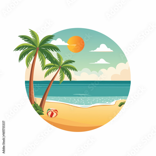 Tropical paradise illustration showcasing a serene beach with palm trees and clear water