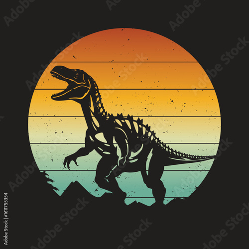 Dinosaur silhouette against retro sunset vintage