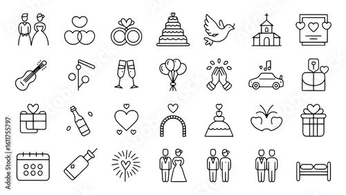 Wedding Icons: A charming line art illustration depicts various wedding elements, including a cake, rings, doves, and couples.