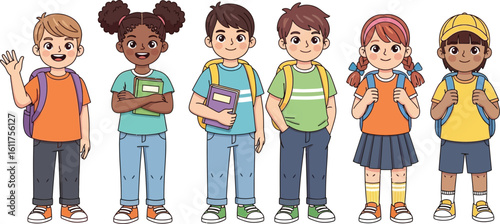 Back to school illustration of diverse students with backpacks and books art