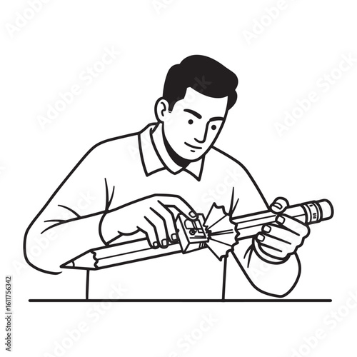 Black and white illustration of a person sharpening a pencil with a pencil sharpener