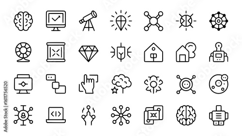 Innovation Icons: A crisp line art illustration set depicting concepts of intelligence, technology, and connection