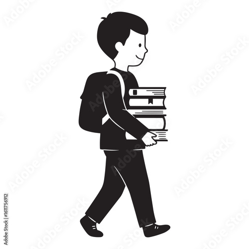 Black and white vector illustration of a student carrying books and a backpack walking