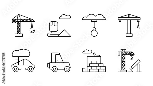 Construction Icons: A minimalist line art illustration depicts a set of construction vehicles and cranes, symbolizing industry and development.