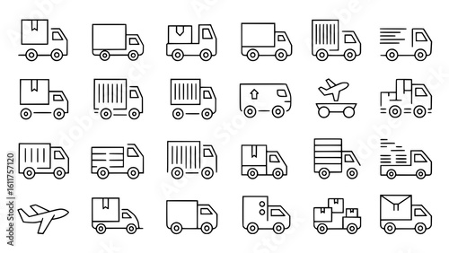 Delivery Trucks: A crisp line art illustration depicting various delivery trucks, showcasing diverse cargo and transportation methods for efficient logistics.