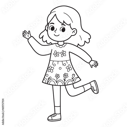 Cheerful little girl in a floral dress waving happily isolated on white background