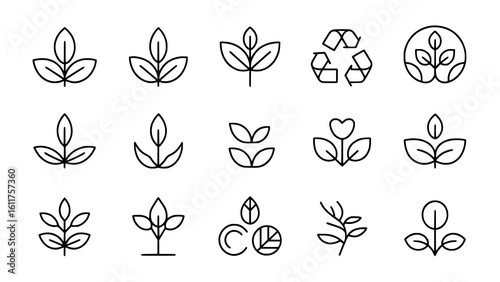 Eco Icons: A minimalist line art illustration depicts a collection of leaf and plant symbols representing nature, growth, and sustainability.