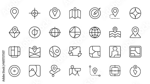 Navigation Icons: A minimalist line art illustration depicts a collection of location, map, and target icons for navigation apps and websites.