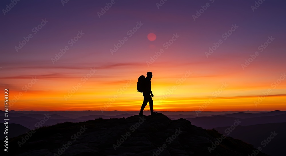 Silhouette of Hiker on Mountain Peak at Sunset with Vivid Sky Silhouette of Hiker on Mountain Peak at Sunset with Vivid Sky