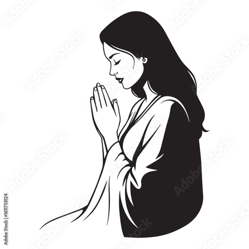 Elegant illustration of a woman praying with hands clasped in a black and white style