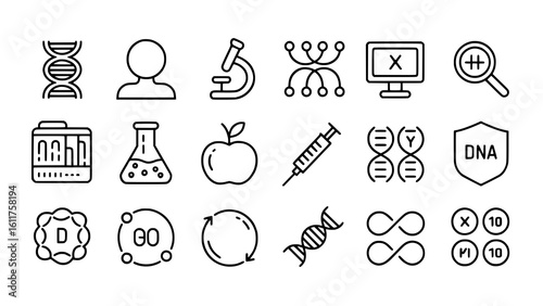 Genetics Icons: A sharp line art illustration depicts a collection of scientific symbols related to DNA, research, and genetic engineering.