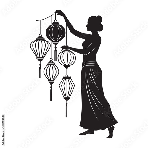 Elegant silhouette of a woman decorating with chinese lanterns for festival celebration