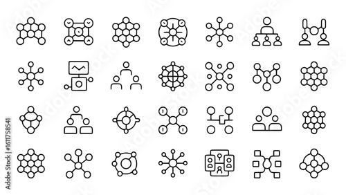 Network Connections: A minimalist line art illustration depicts various network structures, showcasing nodes, connections, and hierarchical relationships.