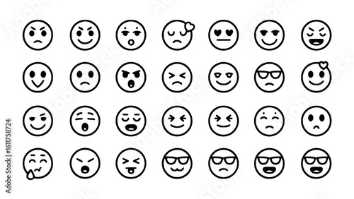 Emoji Expressions: A bold line art illustration depicts a diverse set of circular emoticons conveying a wide range of human emotions, from happiness to anger.