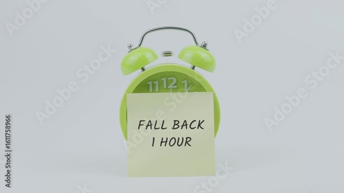 Fall Back 1 Hour word written on a sticky note placed in front of a green ringing clock on white background, symbolizing daylight saving time, clock adjustment, and schedule change concept
