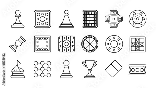 Board Games: A simple line art illustration depicting various game boards, pieces, and a trophy, symbolizing playful competition and strategy.