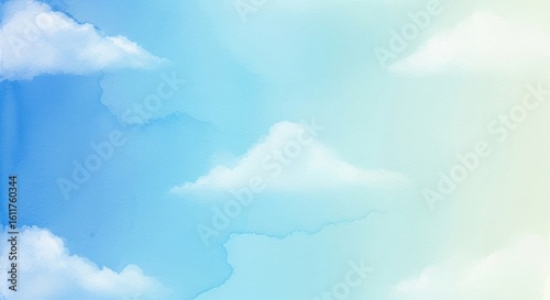 Soft watercolor painting depicting a bright, airy sky with fluffy white clouds.