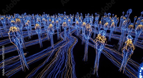 Abstract digital illustration of numerous figures, outlined by glowing lines, forming a winding path.