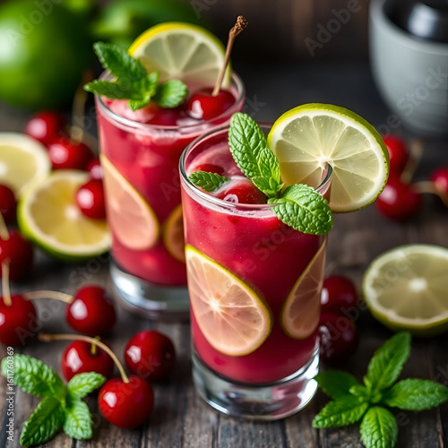 Wallpaper Mural Refreshing cherry smoothie adorned with lime slices and mint lea Torontodigital.ca