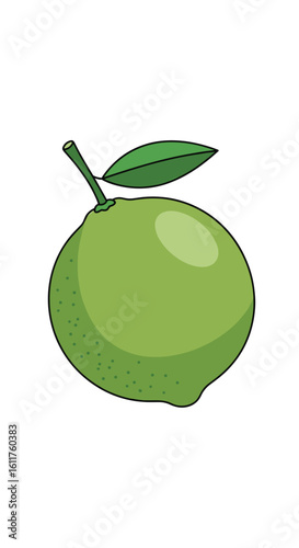 A ripe green citrus fruit with a leafy stem and textured skin