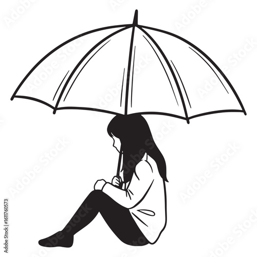 Minimalist black and white illustration of a pensive young woman with an umbrella