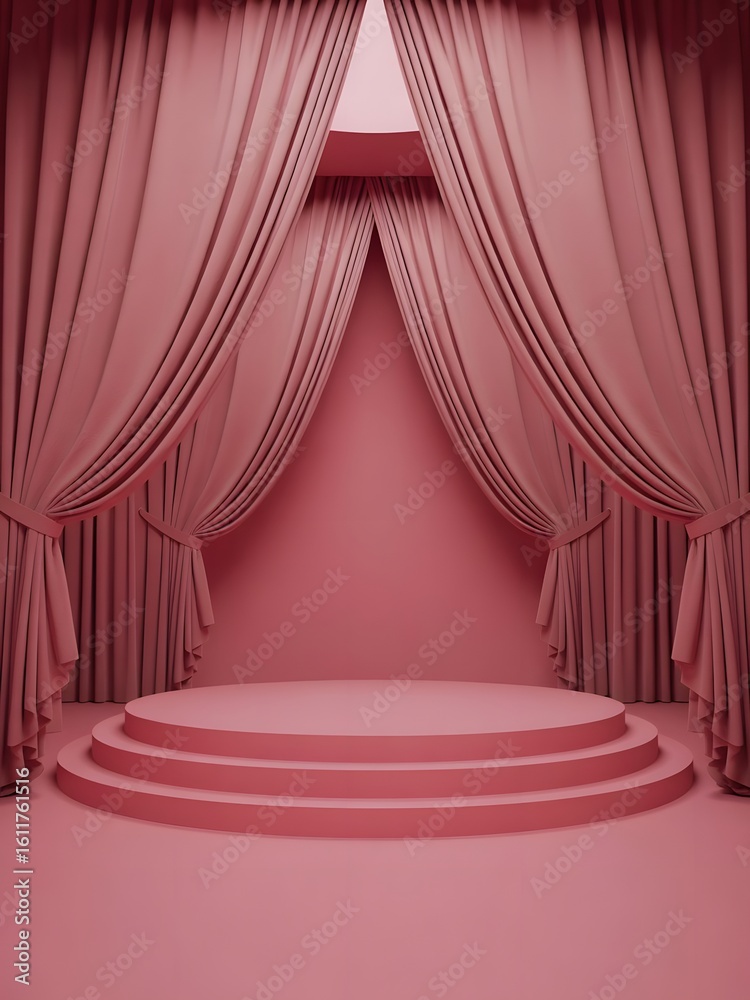 Fototapeta premium Pink stage with tiered platform and draped curtains