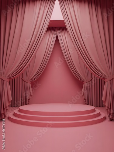 Pink stage with tiered platform and draped curtains