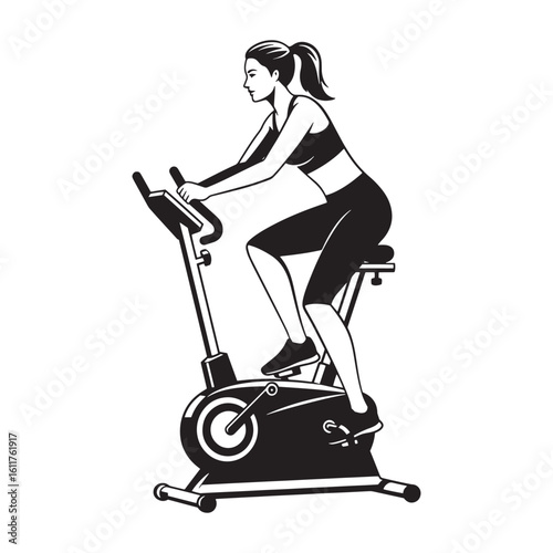 Silhouette illustration of a woman exercising on a stationary exercise bike indoors